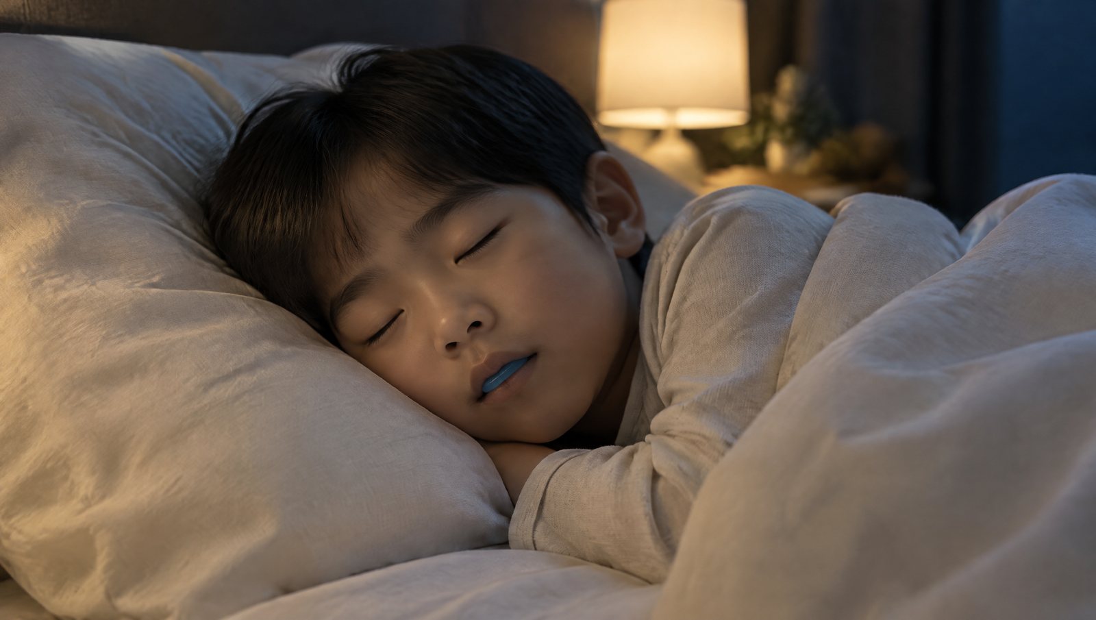 밤에 장치를 끼고 자는 아이 · 연출 이미지